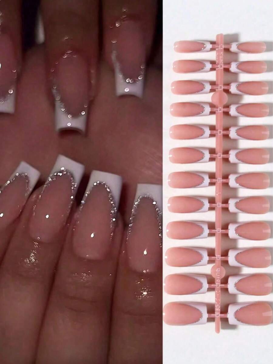 24pcs Long Square White French Manicure Nail Tips, Glitter Design, Perfect Fit Fake Nails, White French Manicure - 白色 - 查看 1