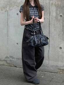 Loose Casual Solid Color Wide Leg Cargo Pants - Grey - View 5