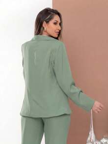 Women's Green Blazer And Pants Set With Lapels, Long Sleeves, Pockets, And Belt Detail, Perfect For The Office In Autumn Or For An Elegant Casual Look. - 淺綠色 - 查看 3