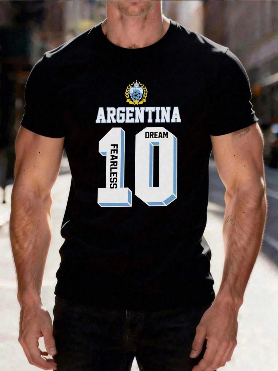 Summer2026 Argentina Men's Soccer Jersey - Number 10 Jersey Design, 100% Cotton, Casual Crew Neck, Suitable For Sporting Events, Fan Gatherings And Daily Wear, Clothing - 黑色 - 查看 1