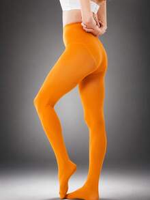 Women's Orange Opaque Stirrup Tights, High Waist Stretch Pantyhose For Costumes, Dance & Colorful Outfits - Multicolor - View 8