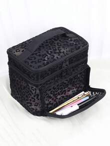 Bolsa de maquillaje de doble capa con estampado de leopardo en malla negra minimalista de moda, gran capacidad, multifuncional, diseño conveniente con asa única y múltiples bolsillos, bolsa de almacenamiento plegable con compartimentos - Negro - Ver 8