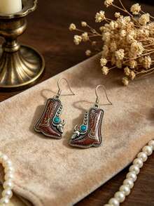 1 Pair Vintage Bohemian Western Cowboy Retro Bull Head Boot Pendant Earrings, Suitable For Women's Daily, Party, Travel Wear Jewelry Gift - Antique Silver - View 5