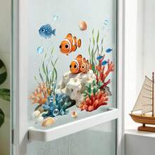 1pc, 39*40cm, 2D Flat Print Ocean Style Clownfish Coral Seaweed Shell Window Sticker Creative Self-Adhesive Removable PVC Glass Decal, Living Room Bedroom Dining Room Bathroom Door Window Glass Decoration Sticker - Multicolor - View 4