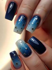 24 piezas de uñas postizas cuadradas de longitud media, estilo elegante de alta gama, azul estrella, versátiles, estilo europeo & americano, fáciles de aplicar, duraderas, inofensivas para las uñas naturales, reutilizables - Multicolor - Ver 1