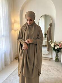 紋理縮褶彈性袖口 Khimar Abaya 兩件套，寬鬆大袖端莊 長洋裝，穆斯林女性休閒伊斯蘭禮拜服裝 - 彩色 - 查看 11