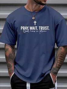 Camiseta de manga corta ligera transpirable hombre S-3XL blanca Playera estampado letras slogan cruz cristiana Pray Wait Trust, ropa religiosa cristiana para hombre - Blanco - Ver 8