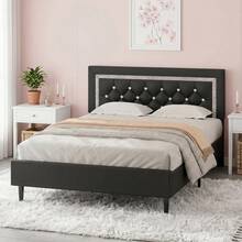 HOMBCK Twin/ Full/ Queen Bed Frame With Headboard, Modern Upholstered Bed Frame With Diamond Tufted Headboard, PU Leather Bed Frame, No Box Spring Needed, Easy Assembly, White/ Black/ Pink - Black - View 1
