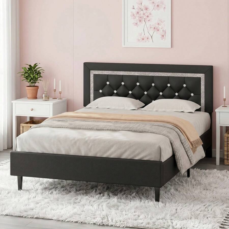 HOMBCK Twin/ Full/ Queen Bed Frame With Headboard, Modern Upholstered Bed Frame With Diamond Tufted Headboard, PU Leather Bed Frame, No Box Spring Needed, Easy Assembly, White/ Black/ Pink - Black - View 1