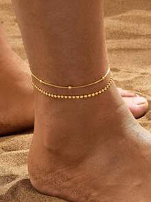 Juego de 2 piezas de tobilleras doradas apilables elegantes, estilo minimalista, adecuadas como accesorios de joyería para los pies de uso diario para mujeres - Dorado - Ver 3