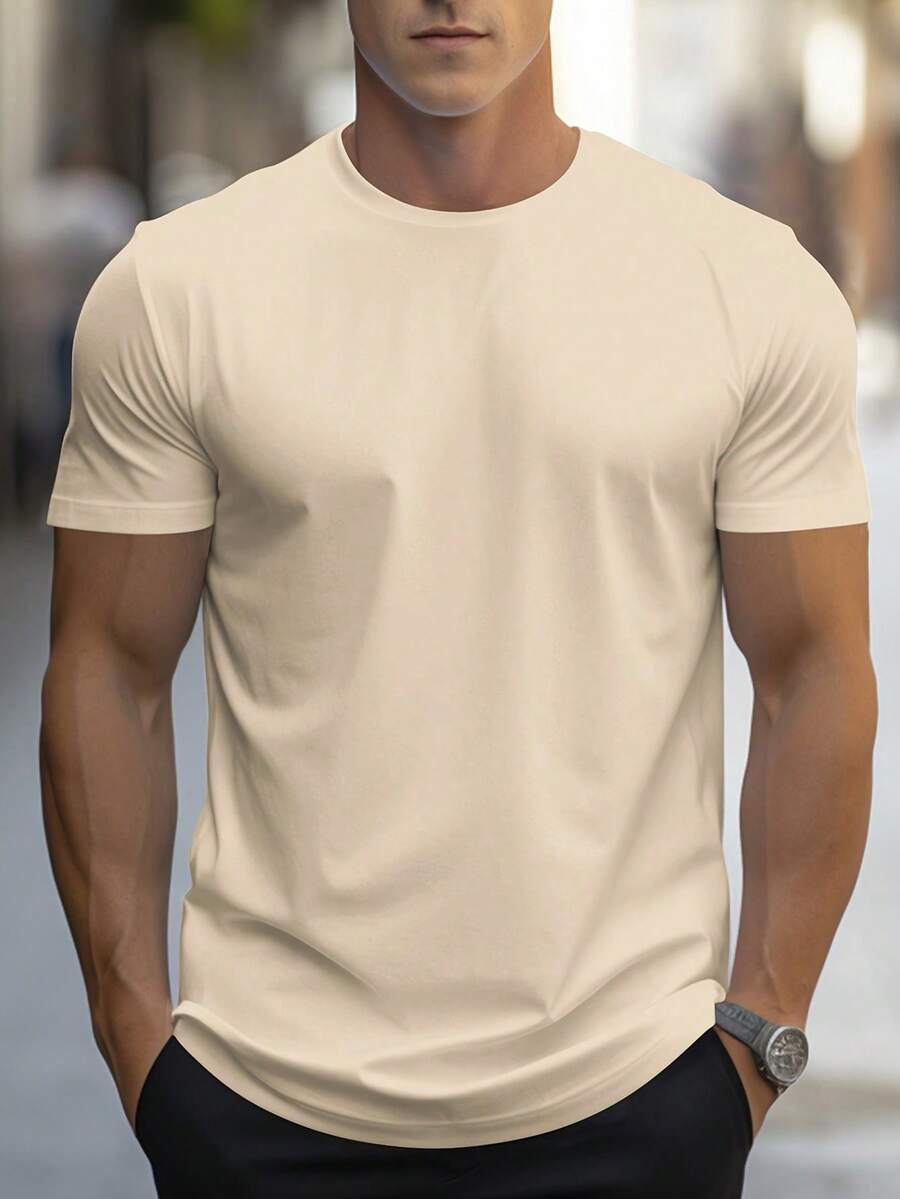 NEOREFINED Men's Casual Solid Color Round Neck Short Sleeve T-Shirt For Summer - Khaki - View 1