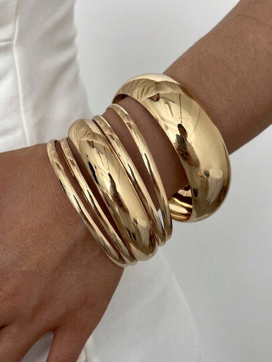 Set Of 5 Open Bracelets, Vintage Style, Geometric Design, Stackable, Multi-Layer, Adjustable Rigid Bracelets For Women, Fashion Accessory Ideal For Daily Wear, Parties And Gifts - Dorado 8 - View 1