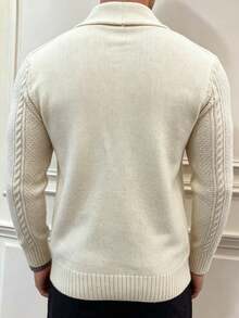 Men's Casual Knit Cardigan, Thick Cable Knit Shawl Collar Sweater, Warm Double Pocket Knitted Jacket For Autumn/Winter - Apricot - View 2
