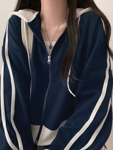 YCYC Korean Style Women's Sweatshirt, Early Spring Autumn Winter Patchwork Colorblock Sporty Casual Top Jacket - Navy Blue - View 5