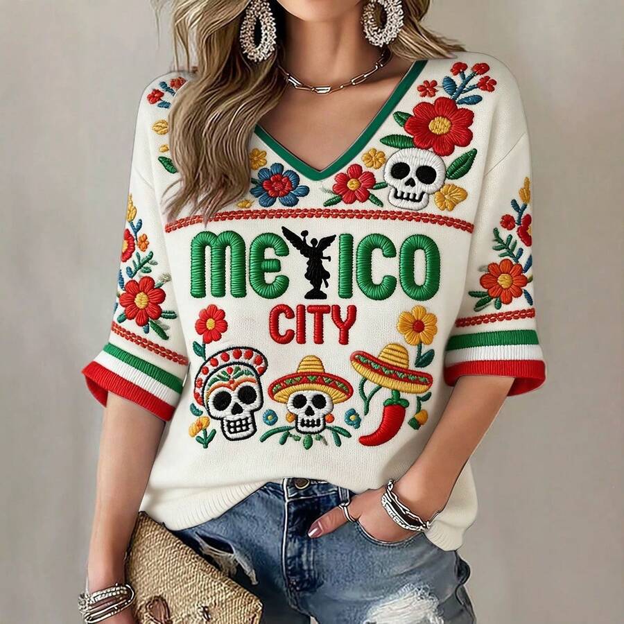 Women's T-Shirt With 3D Print, Three-Quarter Sleeves And V-Neck, Mexico Cup Theme. - 白色 - 查看 1