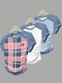 Set de 3 blusas de mujer con estampado de rayas, cuadros y gráficos, de manga corta y con efecto de cintura ceñida - Multicolor 11 - Ver 2