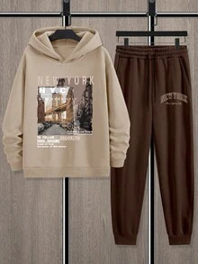 Youth Boy Letter Print Warm Hoodie And Pants Set - Apricot - View 5