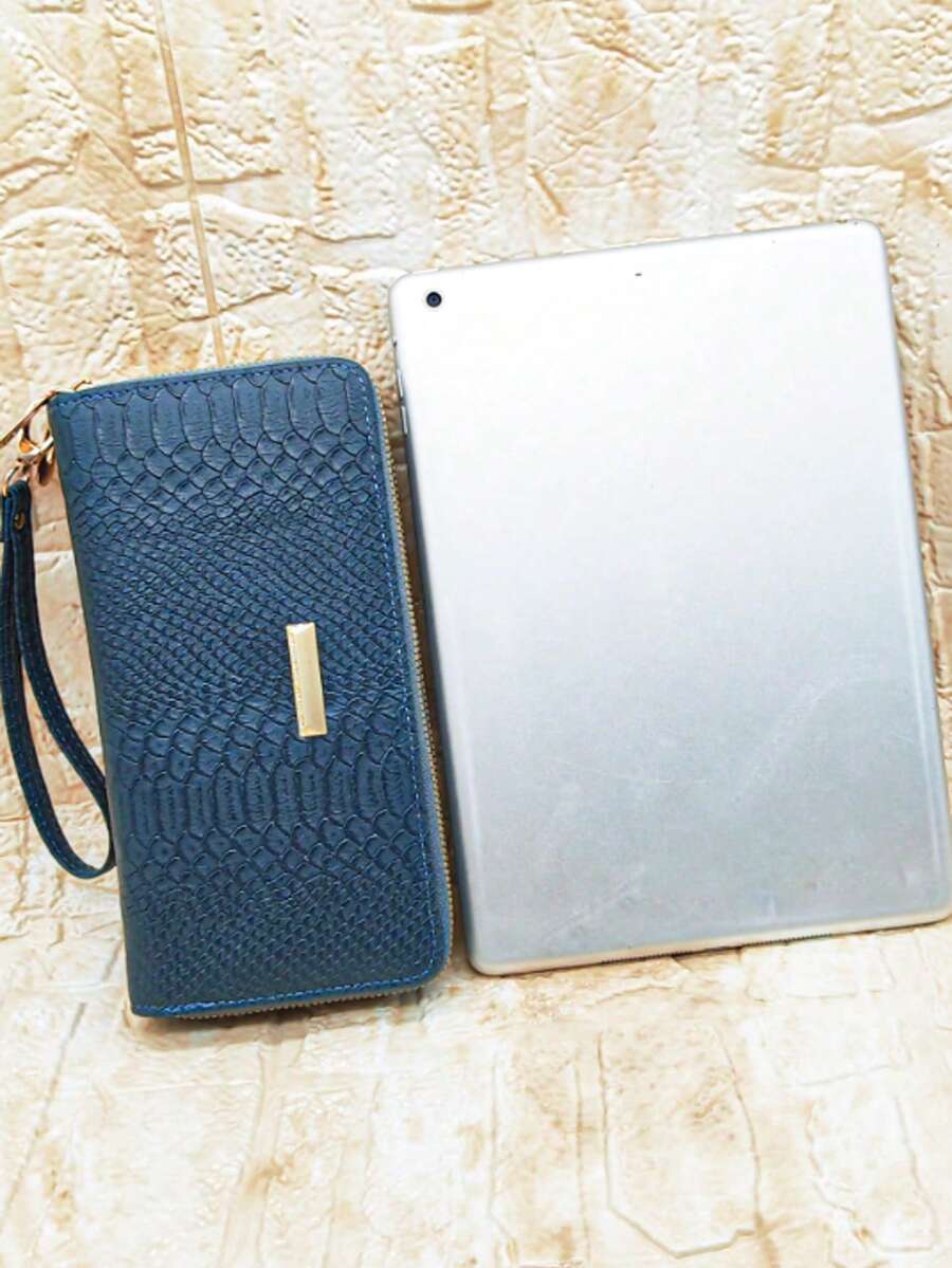 Vintage Snake Print Multi-Layer Zipper Handbag Phone Pouch,Card Holder - Blue - View 1