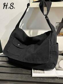 Bolsa cruzada de solapa vintage minimalista, bolsa de lona lavada gruesa, bolsa de mensajero de gran capacidad, versátil y casual, estilo estadounidense para estudiantes universitarios, viaj - Negro - Ver 2