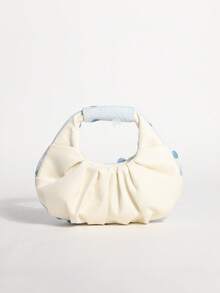 SCULPTEDSTYLE BAGS 1件天空藍美人魚亮片雲朵手提包，奶油白亞麻底布拼接時尚波點網格百褶設計女款托特包，百褶包適合海灘度假使用，可搭配魚網肩帶洋裝休閒度假穿搭（花紋隨機發貨） - 淺藍色 - 查看 7