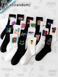 5 Pairs Random Assorted Unisex Black & White Graffiti Pattern Comfortable Skin-Friendly Durable Breathable Street Style Mid-Calf Socks For Home, Daily Wear And Outdoor Sports - Multicolor - View 8