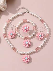 5pcs/Set Girls Elegant Floral Pendant Pearl Necklace, Bracelet, Earrings, Ring Jewelry Set, Suitable For Daily Wear And Holiday Gifts - one-size - View 8