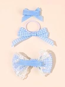 8pcs Blue Plaid Women's Bow Hair Clips, Solid Color Bow Hair Clips, Plaid Headbands, Cute Picnic Daily Matching Hair Accessories For Women - Blue - View 6