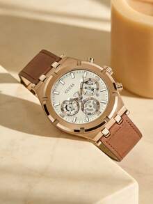 Guess Continental 男士計時石英腕錶，44mm 玫瑰金不鏽鋼錶殼，奶油色多功能子盤錶盤，棕色真皮錶帶 GW0262G3 - 金色 - 查看 3