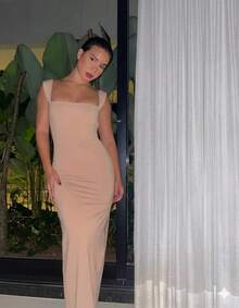 Vivi Long Dress (Lined) For Party, Wedding, Graduation, Simple, Knit Fabric, Backless, Asymmetrical, Side Slit, Wedding, Evening, Birthday Party, Formal And Nighttime - Beige - View 4