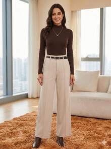 Elegant Women's Winter 2-Piece Set With High-Neck Long-Sleeve Bodysuit And Tailored Trousers + Belt - Winter Fashion - B 棕色米色褲子 - 查看 4