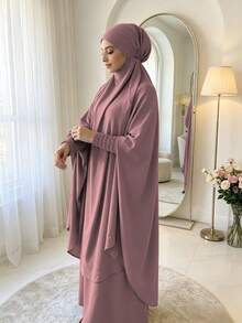 紋理縮褶彈性袖口 Khimar Abaya 兩件套，寬鬆大袖端莊 長洋裝，穆斯林女性休閒伊斯蘭禮拜服裝 - 彩色 - 查看 16