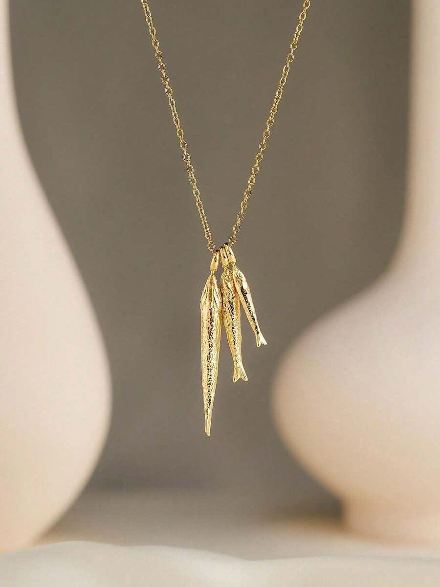 1 Stück INS Urlaubsstil Edelstahl 18K vergoldet gehämmert Meeresleben Fisch Anhänger Halskette, mehrere Größen, Schmuckaccessoire für Frauen, Sommer Strandurlaub Party - Gold - Übersicht 1