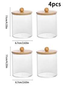 10oz Cotton Swabs/Balls/Pads Storage Box With Vanity Tray, Cotton Swab Jar, Transparent Bathroom Storage Box, 3-Piece Set, Wooden Lid - Wood Color - View 22
