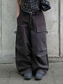 Loose Casual Solid Color Wide Leg Cargo Pants - Grey - View 2
