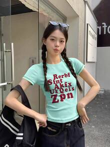 女款紅色字母印花修身薄荷綠方肩T恤，夏季辣妹Y2K短袖上衣休閒風 - 薄荷綠 - 查看 4