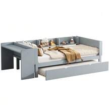 Flat Bed 90 X 200 Cm With Pull-Out Bed, Integrated Desk And Three Side Shelves, Pink. - 灰色 - 查看 1