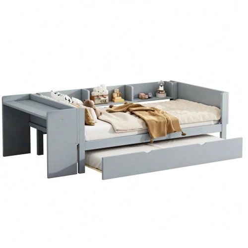 Flat Bed 90 X 200 Cm With Pull-Out Bed, Integrated Desk And Three Side Shelves, Pink. - 灰色 - 查看 1