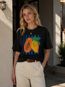 2026 Summer Women Round Neck Tee, Watercolor Papaya Mango Print, Soft Breathable Casual Top Daily Vacation, Free Shipping Ship In 24H. - 黑色 - 查看 2
