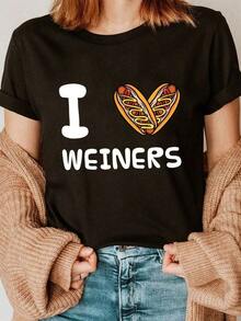 Women's Casual Short Sleeve Cotton T-Shirt, Cartoon Graphic Design Cotton T-Shirt - I Love Hot Dogs Design - Fun Heart-Shaped Ham Design, Casual Short Sleeve Crew Neck T-Shirt, Comfortable For All Seasons, A Must-Have For Food Lovers - 黑色 - 查看 1