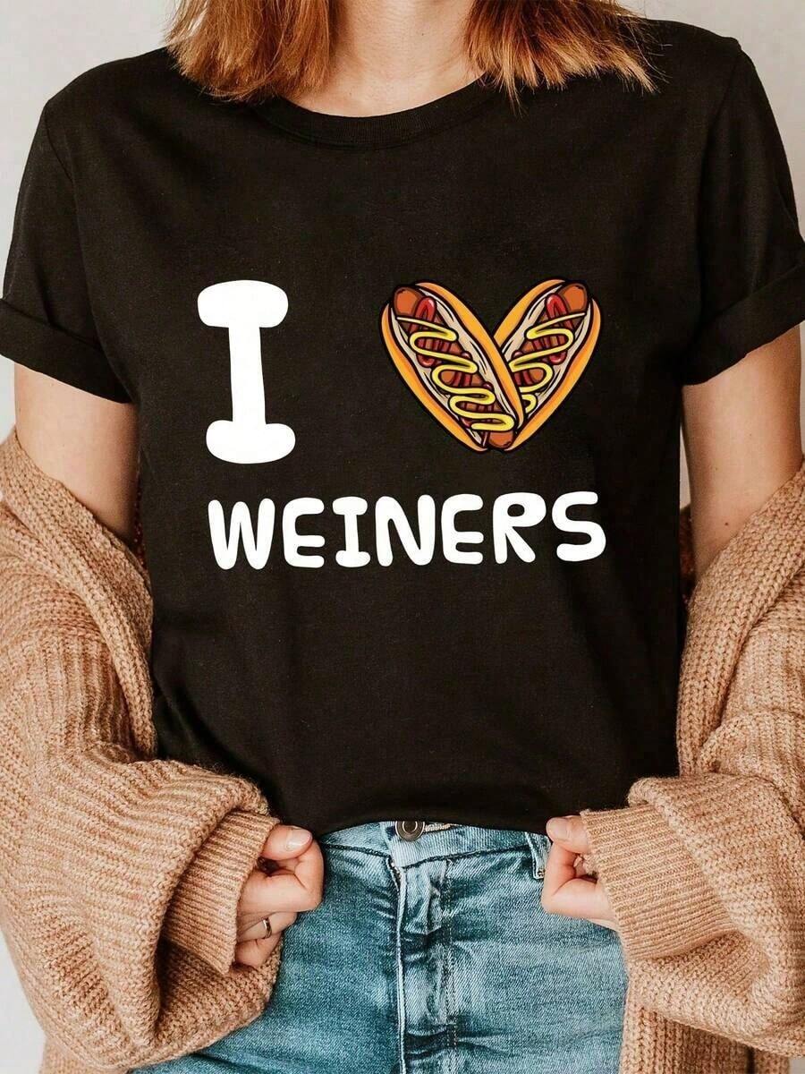 Women's Casual Short Sleeve Cotton T-Shirt, Cartoon Graphic Design Cotton T-Shirt - I Love Hot Dogs Design - Fun Heart-Shaped Ham Design, Casual Short Sleeve Crew Neck T-Shirt, Comfortable For All Seasons, A Must-Have For Food Lovers - 黑色 - 查看 1