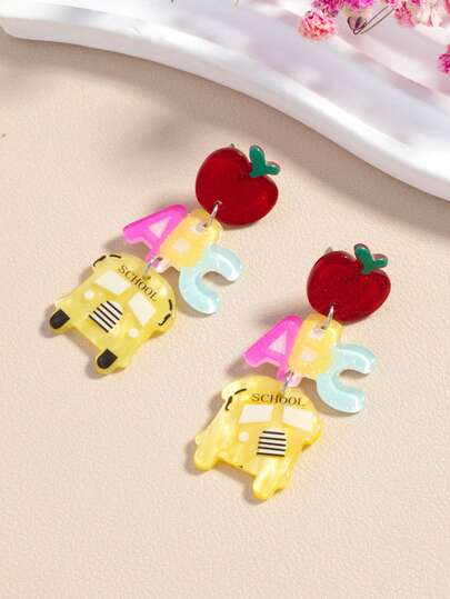 1 Pair Apple, ABC Letter, Car Shaped Acrylic Earrings, Cute & Fun Back To School Earrings, Teacher's Day Gift