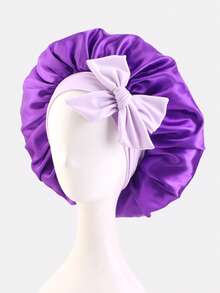 1pc Women's Elastic Satin Sleep Cap With Adjustable Tie, Dual Color Hair Protection Headscarf Hat For Daily Use - Purple - View 4