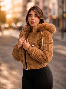 PUFF JACKET - WARM AND LINED WINTER JACKET - COAT - WOMEN'S COLD WEATHER BLOUSE FOR PARTIES - Camel - Ver 3