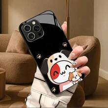 スマホケース：プレミアムな新型強化ガラス作るスマホケース：子犬の人形とふわふわの猫のデザインがSHIされたキュートで楽しい黒い背景、を使うの柔らかいらかく愛らしいスタイル。 - ブラック - チェックする 4