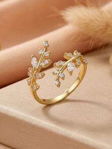 Gift Box Style Gold Leaf & Branch Rhinestone Ring, Adjustable Open Design, Nature-Inspired Elegant Women's Jewelry - Gold - View 5