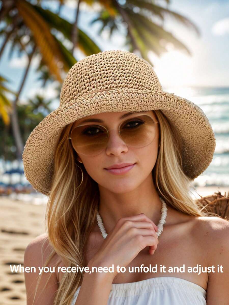 FADZOYLE 寬邊草編水桶帽，可折疊防曬帽，女款沙灘帽，防紫外線夏季帽。帽子在長途運輸過程中會被折疊，收到後需展開並調整。