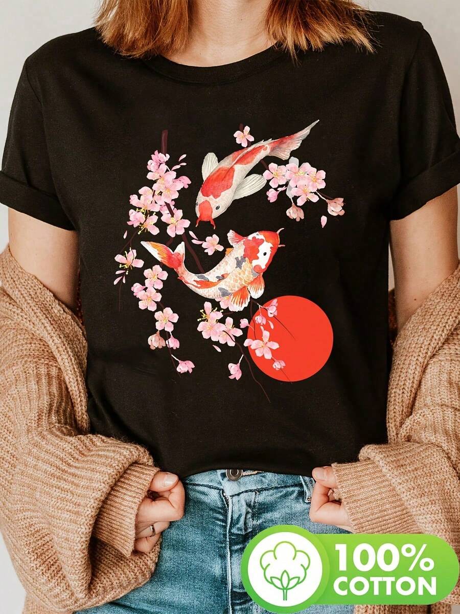 Women's Cherry Blossom And Koi Fish Print T-Shirt - Short Sleeve, Round Neck, Red Design, Lightweight And Breathable For Spring And Summer, Ladies' T-Shirts - 黑色 - 查看 1