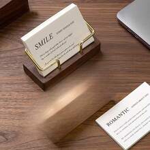 1pc Metal Desktop Business Card Holder, Includes Business Card Display Stand, Solid Wood Business Card Box, Elegant Business Card Display Rack, Desktop Decorative Storage Box, Suitable For Home And Office Use - A - View 3