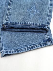 Young Boy Simple & Casual Style Medium Wash Wide Leg Jeans For 2-8 Years Back To School, 2-3Y No Zipper, 4Y-8Y With Zipper, Easy To Wear, New Acid Wash Process, Built-In Elastic Waistband, Adjustable Fit, Loose Wide Leg Versatile Denim Pants - Light Wash - View 9
