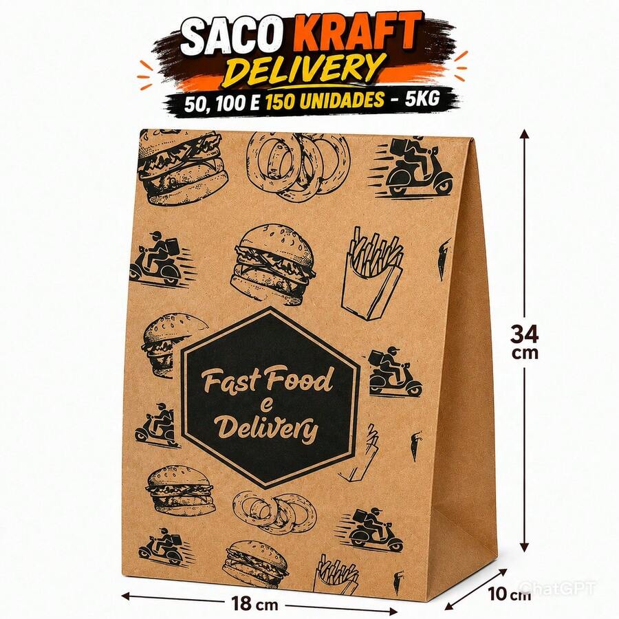 Saco Kraft Delivery 5kg / 50 /100 /150 Unidades Delivery, Hamburgueria, Lancherias